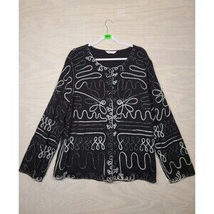 CJ BANKS Women's SZ 2XL Blouse Button Up Ornate Art To Wear Black Stretch